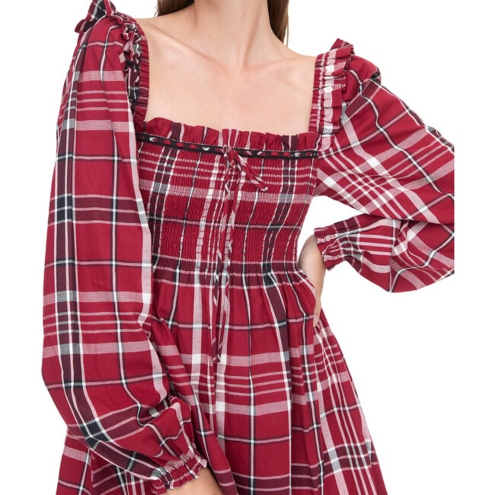 Plaid Long Sleeve Smocked Midi Dress - Red